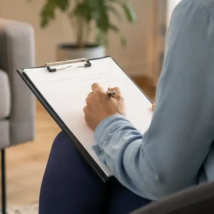 Psicóloga con una carpeta tomando notas en consulta