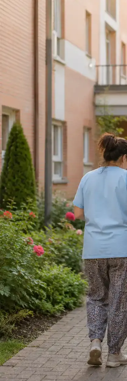 Profesional acompañando a una persona mayor por los jardines del hospital