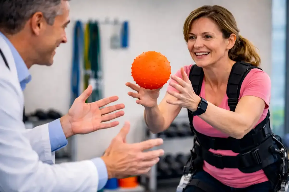 Paciente con arnés haciendo ejercicios de rehabilitación con pelota