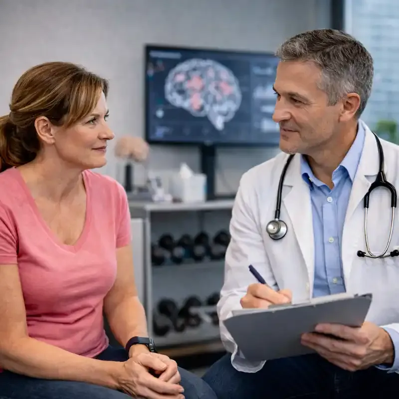 Paciente y médico revisando un estudio neurológico en consulta