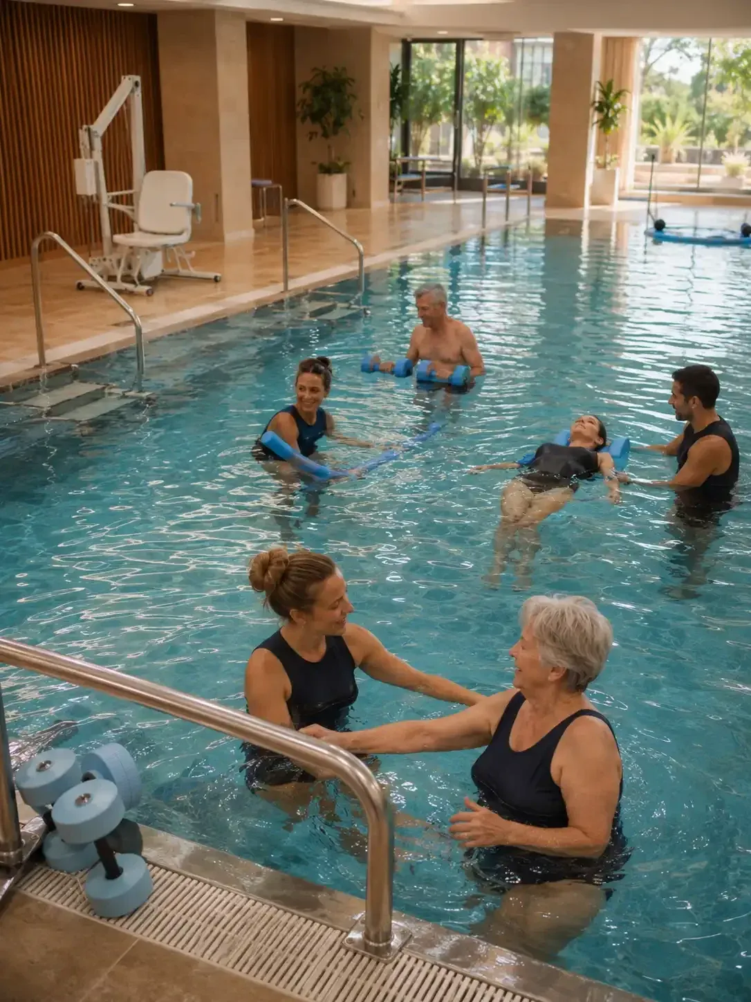 Terapeuta acompañando a una usuaria durante una sesión del Programa Poseidón en la piscina terapéutica