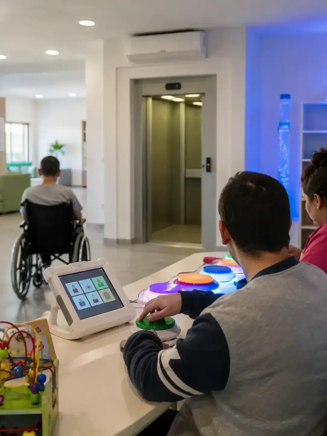 Residente usando materiales digitales multisensoriales junto al ascensor adaptado de la residencia